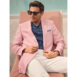 Paul Fredrick Watermelon Pink 100% Linen Blazer 46L Herringbone Coastal Preppy